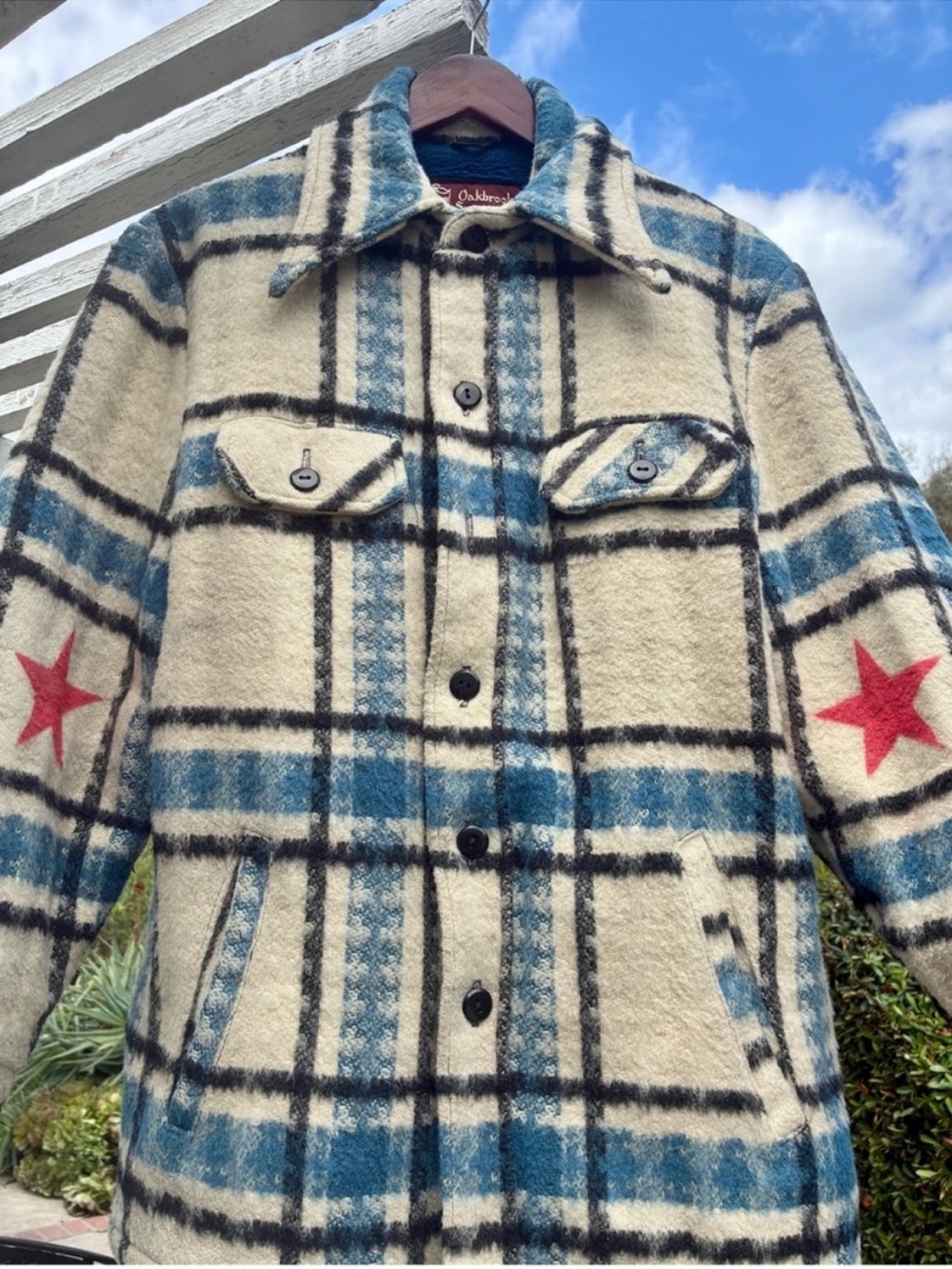 Vintage Cream & Blue Plaid Shirt Jacket with Red Stars